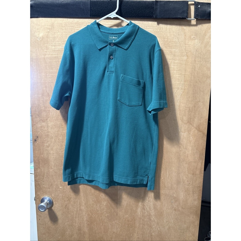 LL Bean Mens Polo Medium M Short Sleeve Relax Green‎ Camisa Cotton Pocket Casual